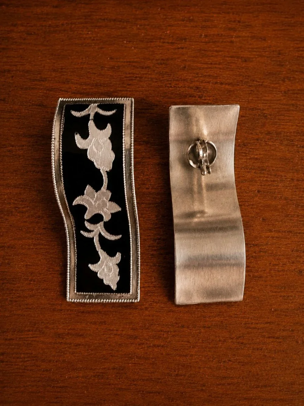 Vintage 925 Sterling Silver Curved Black Enamel Statement Earrings